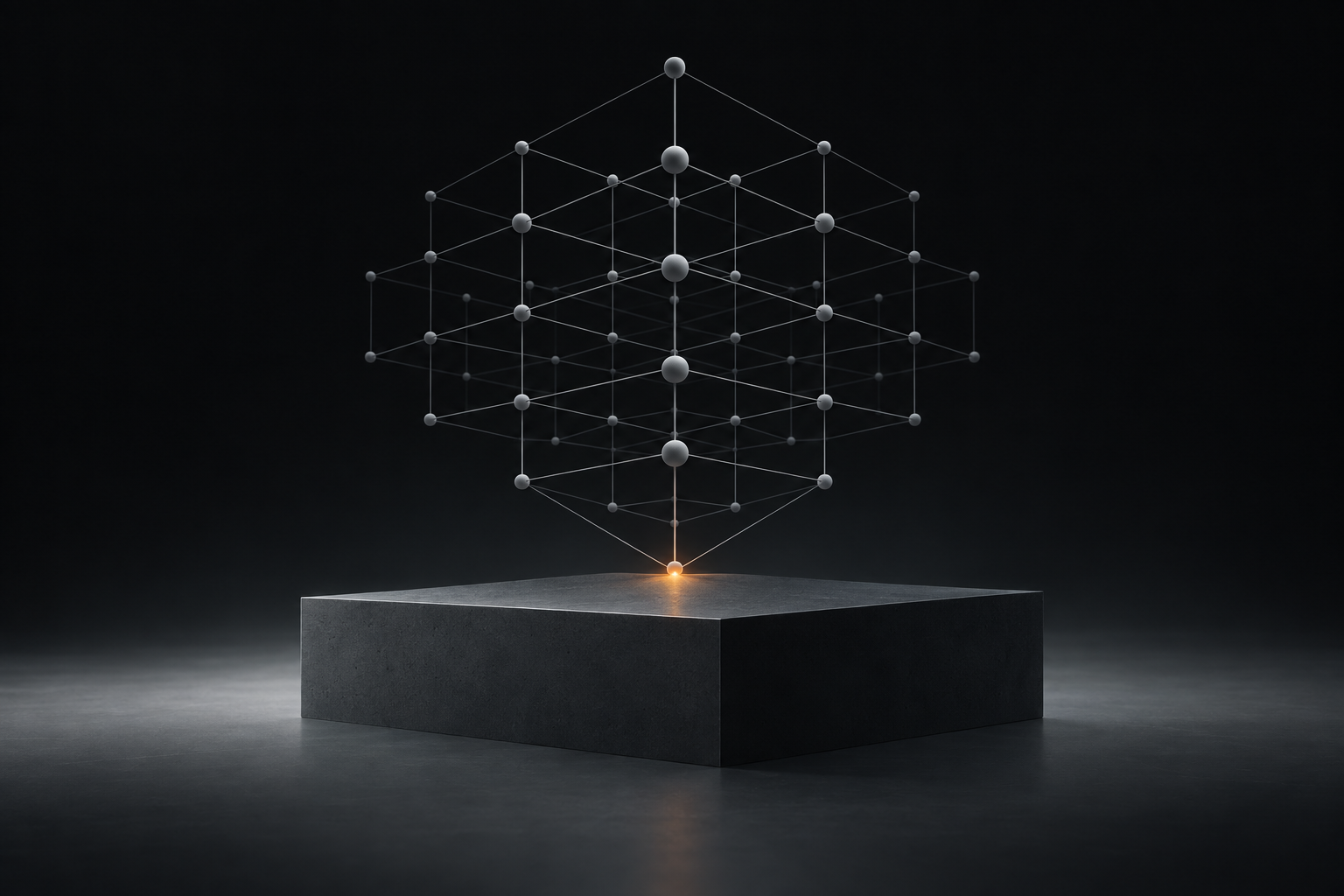 An AI lattice of nodes resting on a solid architectural foundation, the contact point lit.