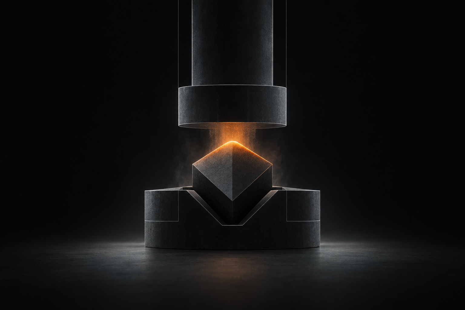 A crucible of light under a press, forging one clean shape.