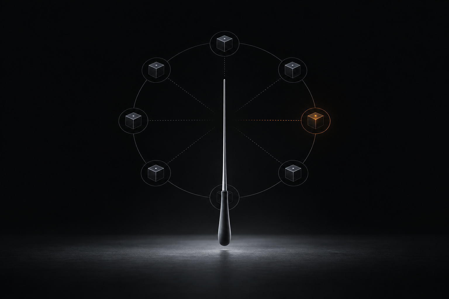 A conductor's baton at the center of a ring of small agent nodes, one node lit.