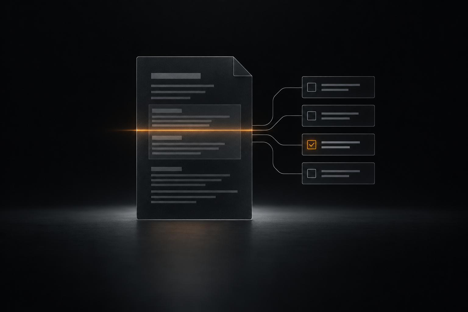 A document scanned by a thin ruler of light, sections lifting into a checklist.