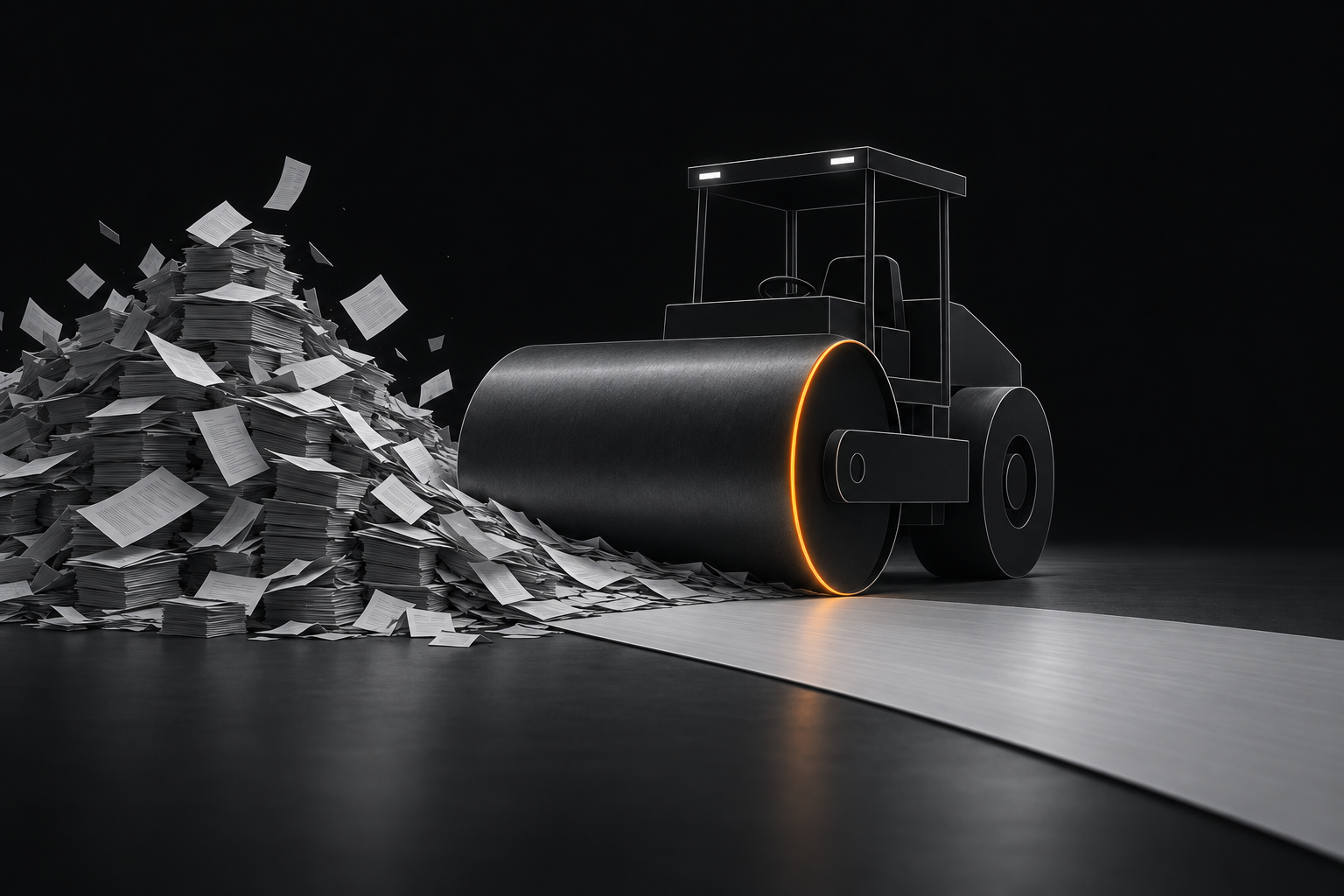 A steamroller of light flattening a mountain of scattered paperwork into a smooth sheet.