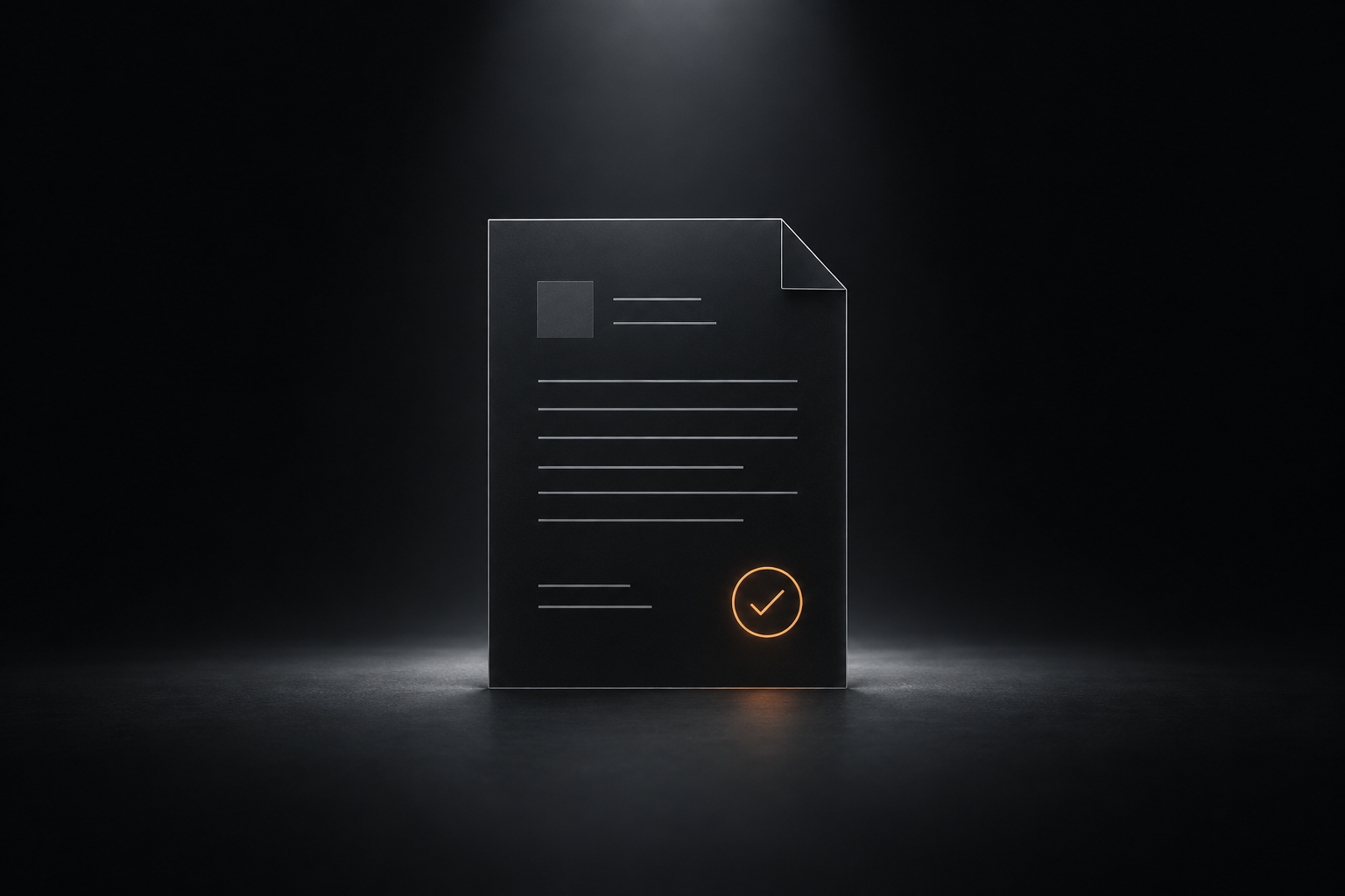 A finished document under a spotlight with a single lit check mark.